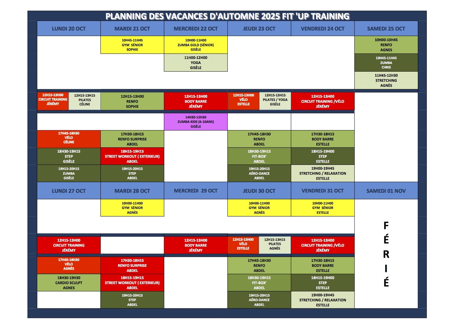 PLANNING SPECIAL VACANCES SCOLAIRES DE TOUSSAINT