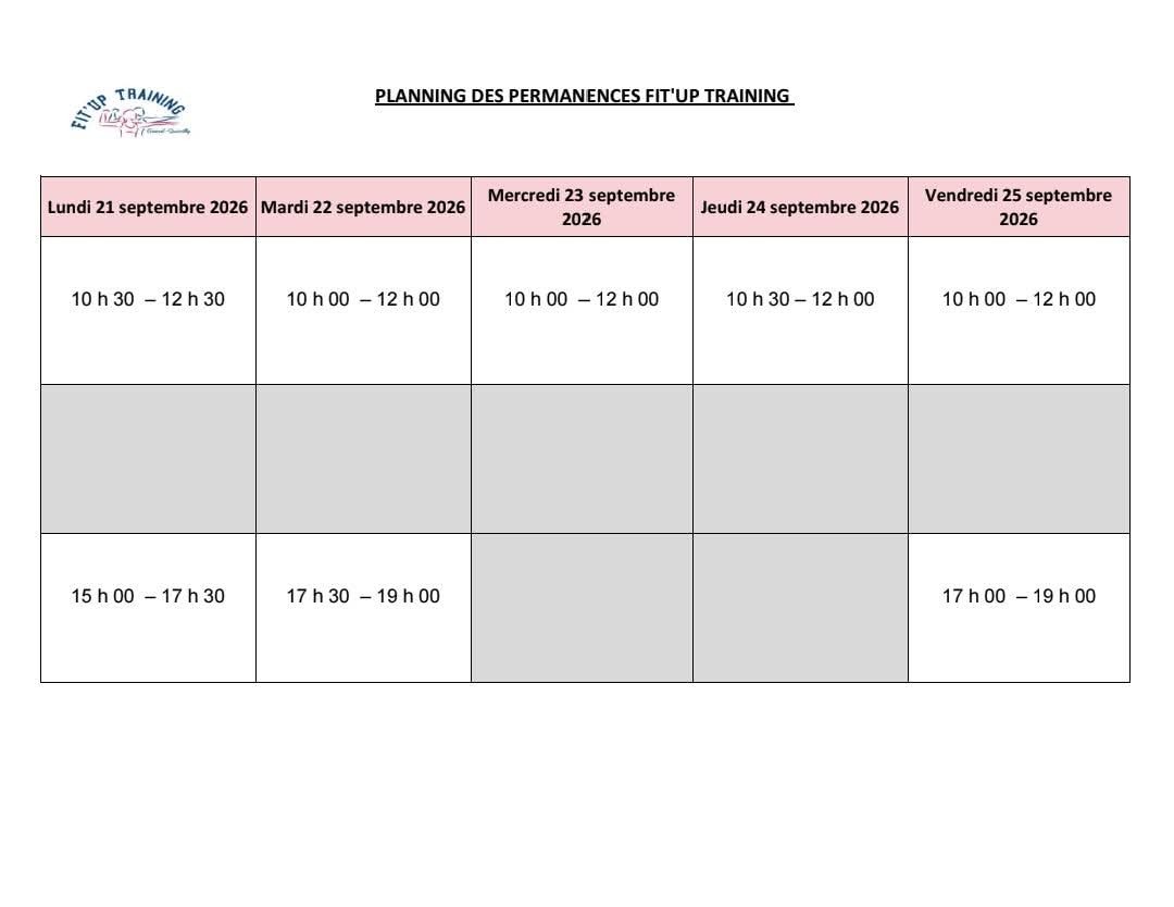 PLANNING DES INSCRIPTION SEMAINE DU 21 AU 25 SEPTEMBRE 2026