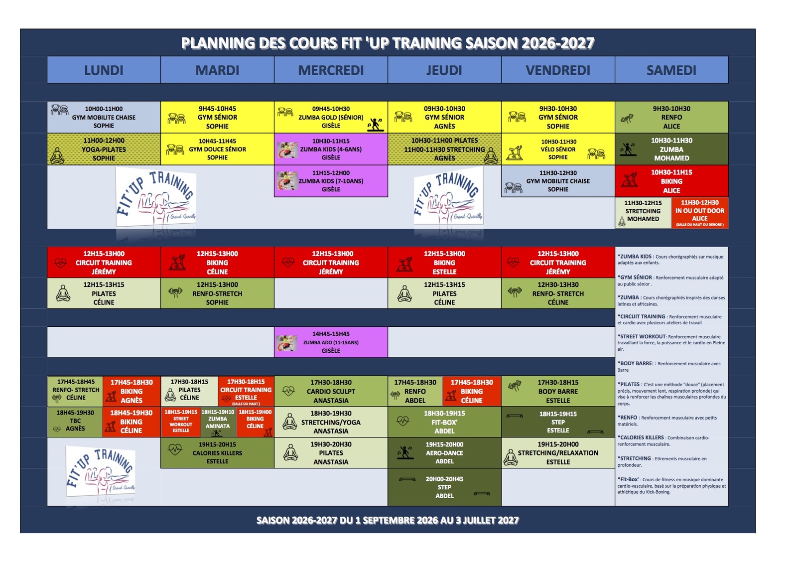 PLANNING DES COURS SAISON 2026-2027