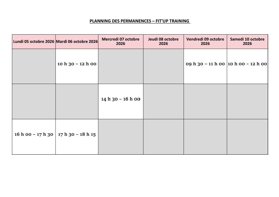 PLANNING DES INSCRIPTIONS SEMAINE DU 5 AU 10 OCTOBRE 2026