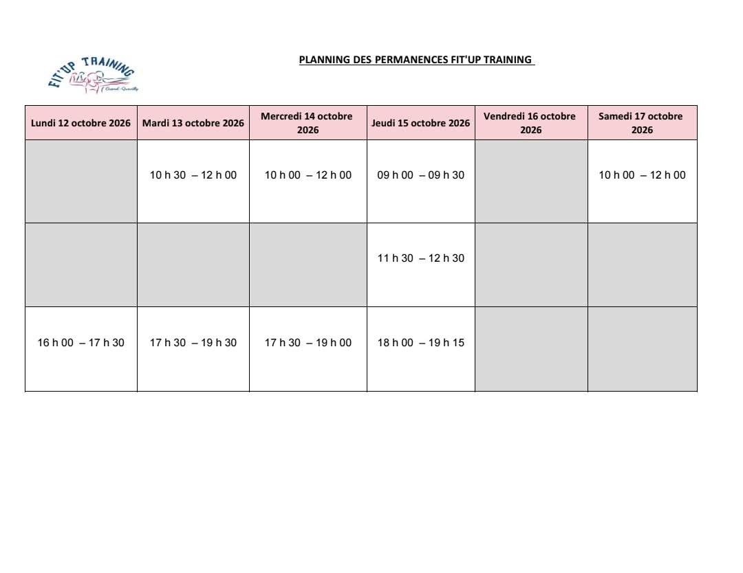 PLANNING DES INSCRITIONS SEMAINE DU 12 AU 17 OCTOBRE 2026