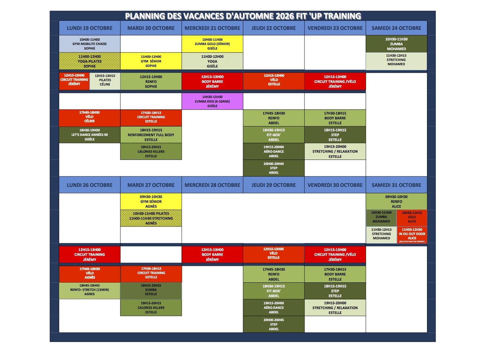 PLANNING MODIFI2S DES COURS POUR LES VACANCES DE TOUSSAINT