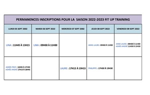 PERMANENCES D'INSCRIPTIONS SEMAINE 05  AU 09 SEPT 2022 POUR LA SAISON 2022-2023