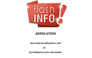 ANNULATION DES COURS DU SOIR DU JEUDI 21 NOV ET DE VENDREDI MATIN 22 NOV DE SOPHIE