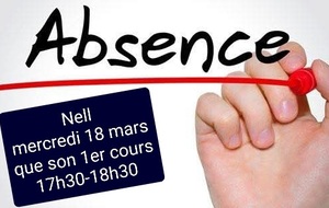 ATTENTION, ANNULATION DU 1ER COURS DE NELL 17H30-18H30 MERCREDI 18 MARS 2026