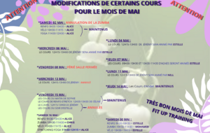 Attention Abdel maintient ses cours jeudi 14 mai et modification samedi 16 mai 2026
