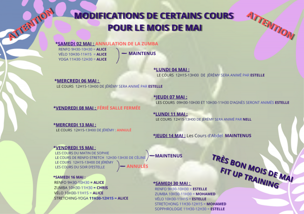 Attention Abdel maintient ses cours jeudi 14 mai et modification samedi 16 mai 2026