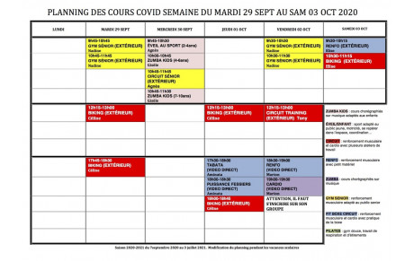 PLANNING COVID SEMAINE 29 SEPT AU 03 OCT 2020
