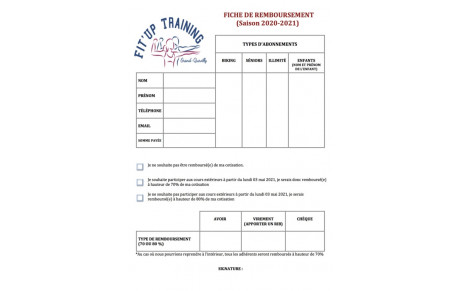 INFO REMBOURSEMENT FIT UP TRAINING SAISON 2020-2021
