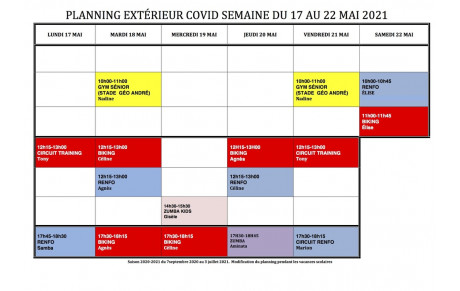 PLANNING EXTÉRIEUR SEMAINE DU 17 AU 22 MAI 2021