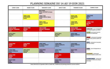PLANNING SEMAINE DU 14 AU 19 JUIN 2021