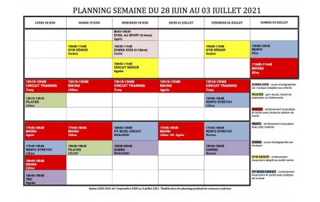 PLANNING SEMAINE DU 28 JUIN AU 03 JUILLET 2021