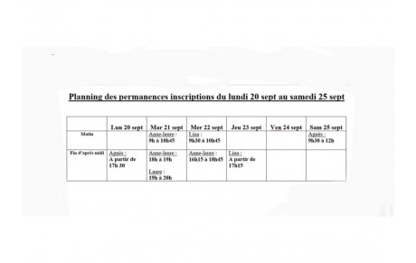 PLANNING POUR LES INSCRIPTIONS SEMAINE DU 20 AU 25 SEPT 2021