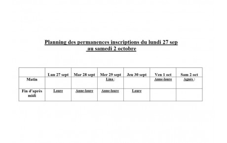 PLANNING INSCRIPTIONS DU 27  SEPT AU 02 OCT 2021