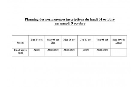PLANNING POUR LES INSCRIPTIONS DU 04 AU 09 OCT 2021