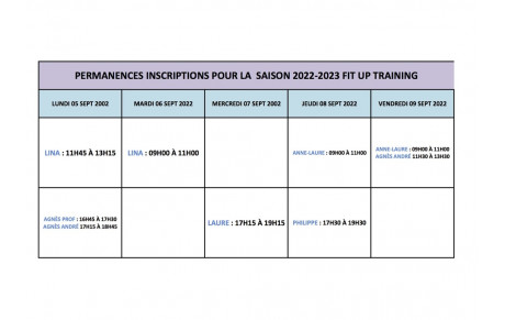 PERMANENCES D'INSCRIPTIONS SEMAINE 05  AU 09 SEPT 2022 POUR LA SAISON 2022-2023