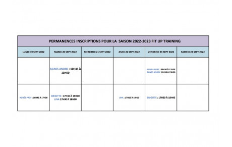 PERMANENCES D'INSCRIPTIONS SEMAINE 19  AU 24 SEPT 2022 POUR LA SAISON 2022-2023