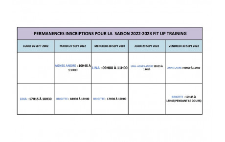 PERMANENCES D'INSCRIPTIONS SEMAINE 26  AU 30 SEPT 2022 POUR LA SAISON 2022-2023