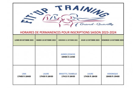 PERMANENCES D'INSCRIPTIONS SEMAINE 09  AU 13 OCTOBRE 2023 POUR LA SAISON 2023-2024