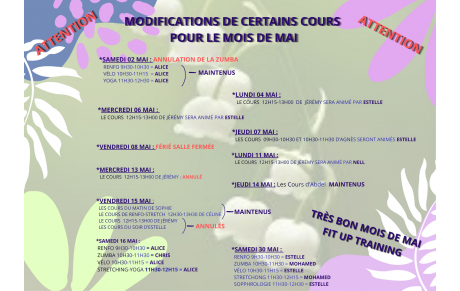 Attention Abdel maintient ses cours jeudi 14 mai et modification samedi 16 mai 2026