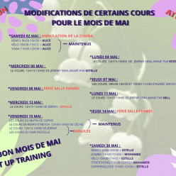 ATTENTION, MODIFICATIONS DE CERTAINS COURS PENDANT LE MOIS DE MAI